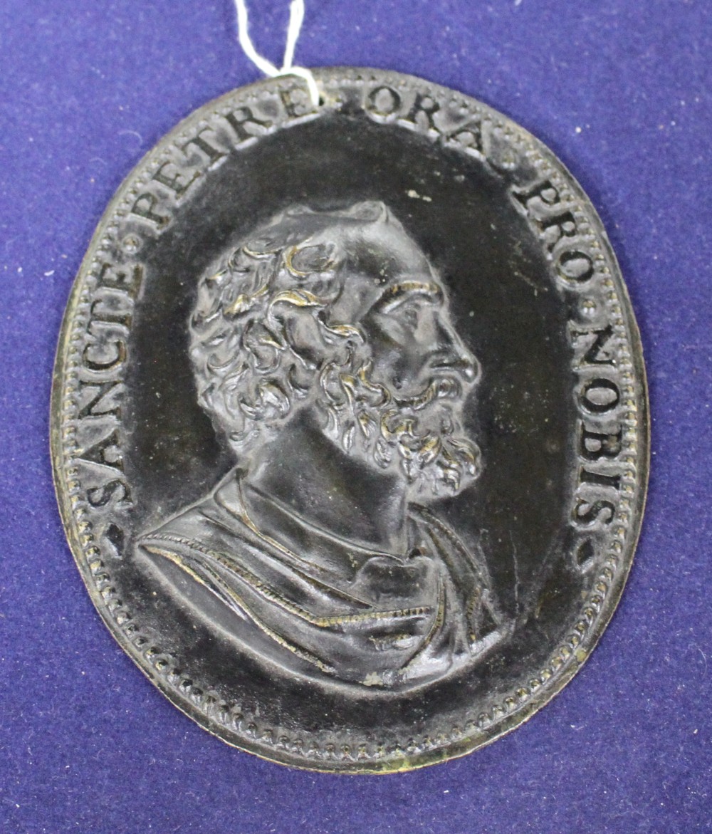 A 19th century Italian bronze plaque of St Peter, inscribed Fancte.Petre.Ora.Pro.Nobis, 19 x 14cm